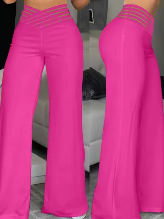 Pantalones Elegantos De Cintura Alta Y Pierna Ancha Para Mujer Casual Oficina Malla Transparente Con Cruces Ropa De Mujer - 1