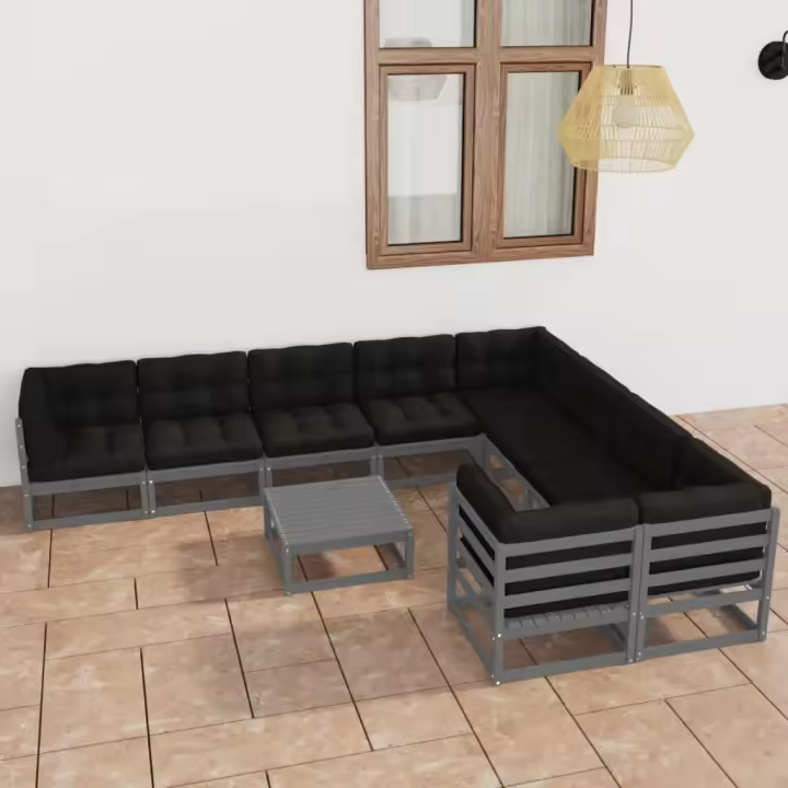vidaXL Set de muebles de jardín 10 pzas con cojines madera pino gris - 1