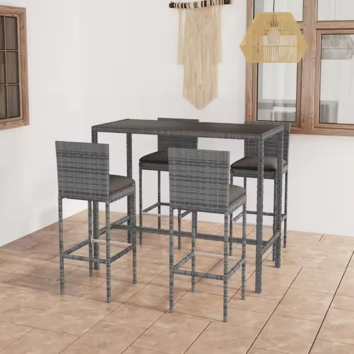 vidaXL Mesa y taburetes altos jardín 5 piezas ratán sintético gris - 1