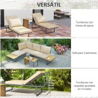 Outsunny Conjunto de Muebles Jardín Exterior Sofás de Exterior en Forma de L Tumbona con 2 Sofás de 3 Plazas Asiento Ajustable y Mesa de Madera de Acacia Versátil con Cojines Beige y Gris - details 4