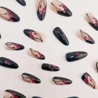 24 Piezas De Arte De Uñas Con Armadura Fondo Negro Misterioso Y Rosas Rosa Flores Flexibles Presión De Uñas Postizas Material RESIN - details 2