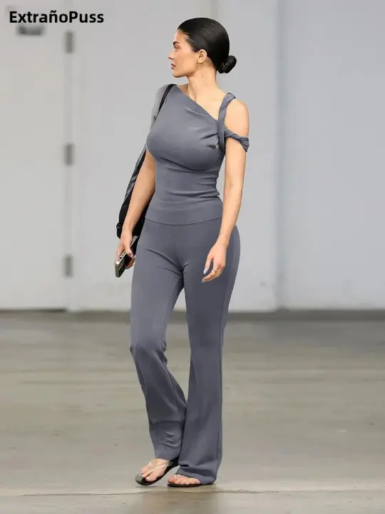 Conjunto De Ropa Casual Para Mujer Con Nudo Irregular Y Pierna Ancha Estilo Slim Streetwear Verano 2 Piezas Top De Manga Corta Y Pantalones - 1