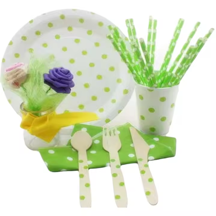 Kit de fiesta vajilla desechable platos cubiertos vasos lunares verdes Decomac - 1