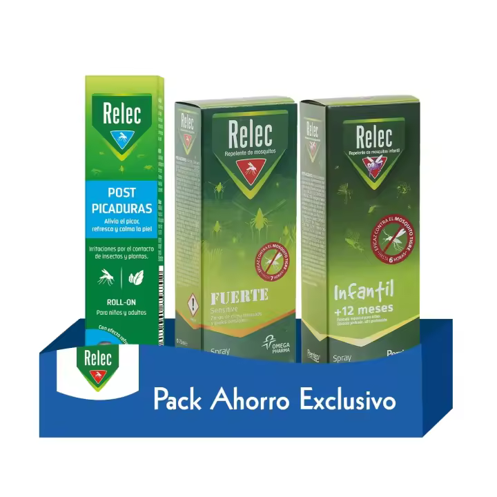 Relec pack especial: Spray Antimosquitos Fuerte 75 ml + Roll On Post Picaduras Mosquitos - Cara y Cuerpo - 15 ml + Spray Antimosquitos Niños - Apto Para Bebés a Partir de 6 Meses 100 ml - 1