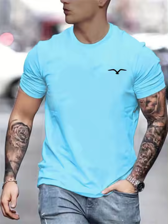 Camiseta De Verano Para Hombre Algodón 100% Cómoda Y Ajustada Con Estampado De Pájaro Estilo Casual Redondo Manga Corta Top Deportivo - 1