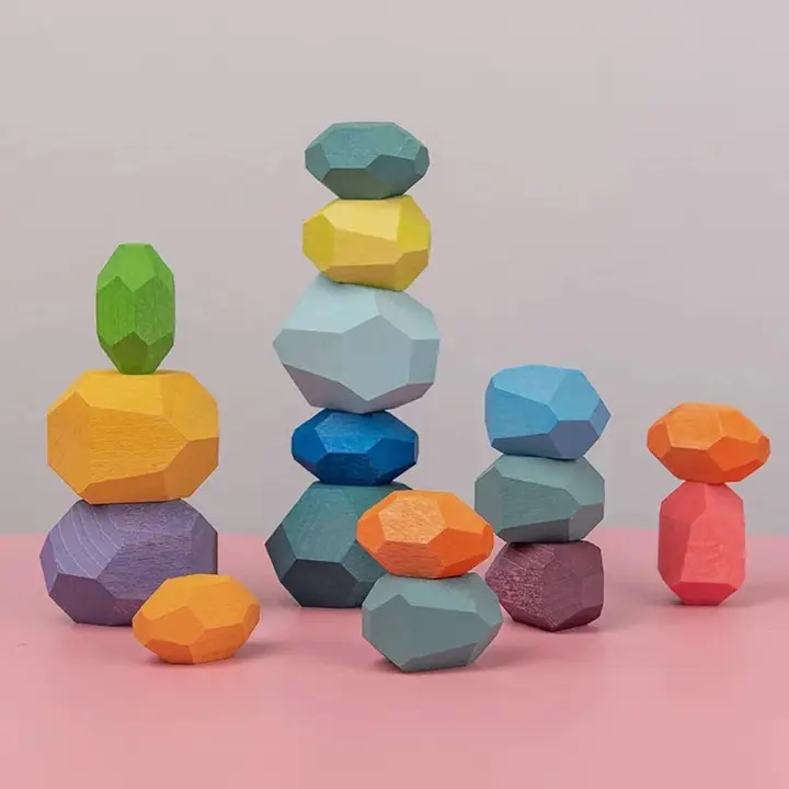 Juguetes apilables de madera Piedras Juguete para niños pequeños, Juego de bloques de construcción naturales livianos, Juego de rompecabezas educativo de rocas de colores para niños Regalo de Navidad - 1