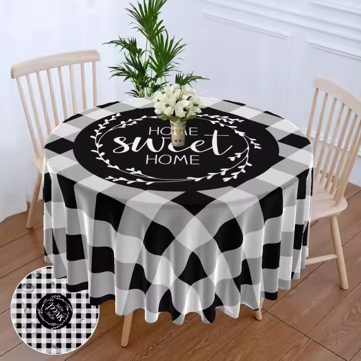 Mantel Redondo Impermeable a Cuadros Negro Y Blanco 63 Pulgadas Estilo Bohemio Con Limón Para Comedor Decoración De Hogar Y Fiesta - 1