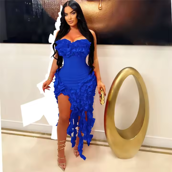 Vestido Largo Elegante Con Volantes Y Borlas Para Fiesta Cumpleaños Mujer 2024 Vestido De Noche Sin Mangas De Cintura Alta Estilo Sexy Y Club Polyester Spandex - 1