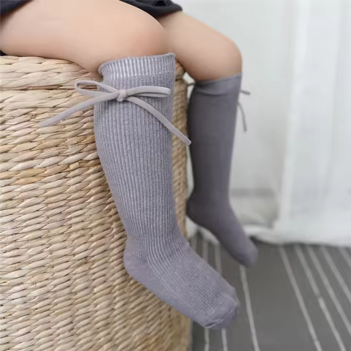 Calcetines Largos Para Niños Con Lazo Bebé Niñas Y Niños Algodón Suave Sólido Cuatro Estaciones Calcetines De Princesa Para 0-7 Años - 1