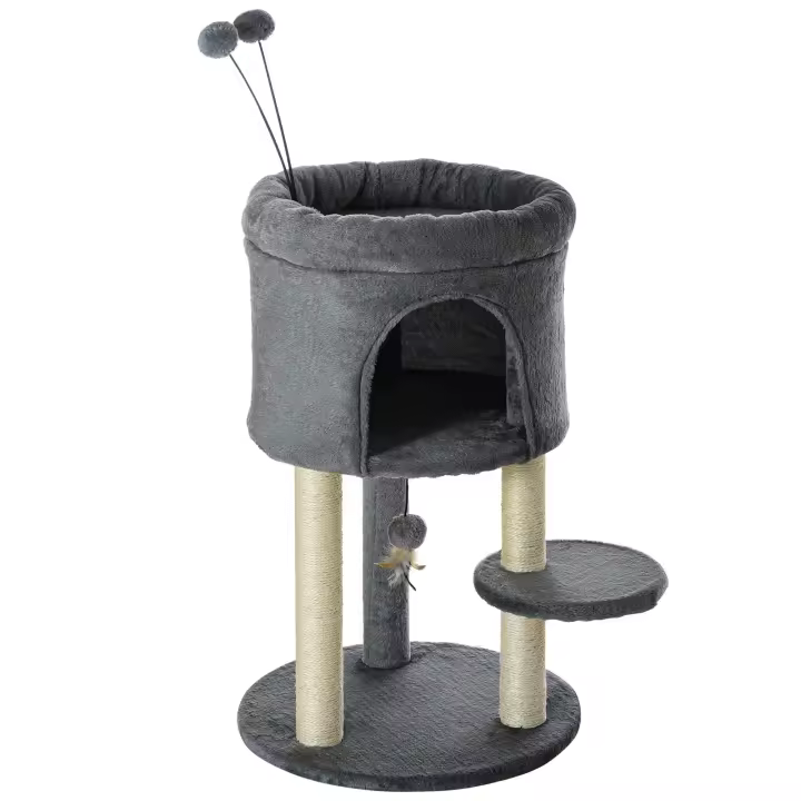 PawHut Rascador para gatos, 73,5 cm de altura, con cueva para gatos y pelota de juguete, árbol trepador, columna de sisal, juguete para gatos, peluche, gris + blanco crema - 1