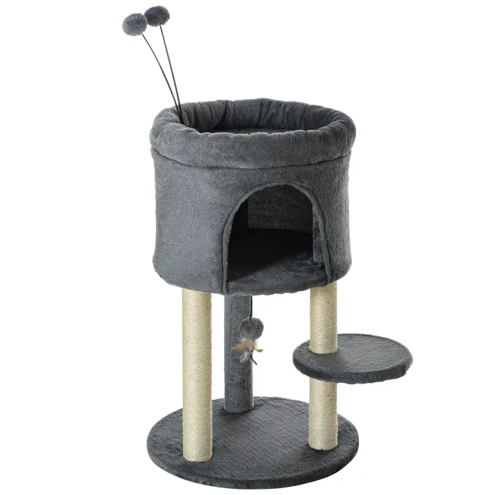 PawHut Rascador para gatos, 73,5 cm de altura, con cueva para gatos y pelota de juguete, árbol trepador, columna de sisal, juguete para gatos, peluche, gris + blanco crema - 1