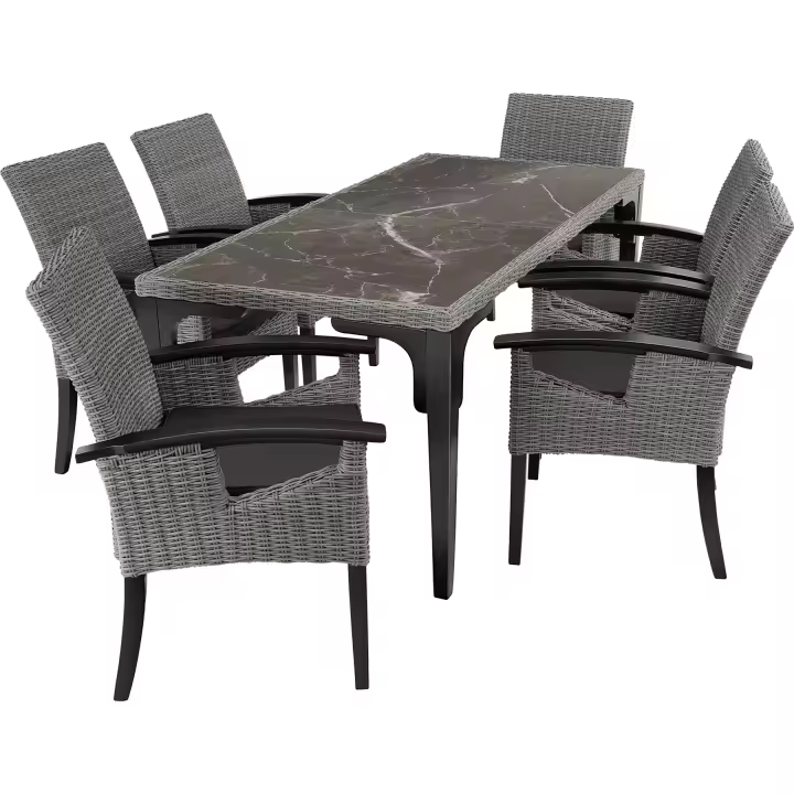 Tectake - Mesa de ratán Foggia con 6 sillas Rosarno  Elegante conjunto de muebles de ratán sintético compuesto por una mesa y seis sillas  Dos tableros extraíbles de porcelanato gres  Fino trenzado de ratán sintético de calidad con protección UVA - 1