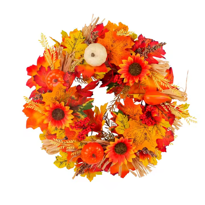 Corona de otoño de 15,75 pulgadas, para decoraciones del Festival de la cosecha de Acción de Gracias, fiestas de Navidad y en interiores (naranja) - 1