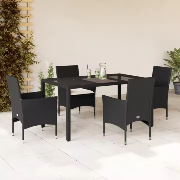 vidaXL Set comedor jardín 5 pzas cojines ratán sintético vidrio negro - 1