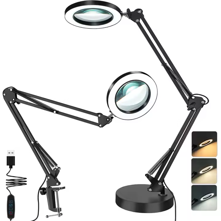 BIT Lupa con luz LED 2 en 1, lámpara de escritorio con 3 modos de Color, regulable, sin escalonamiento, manos libres, 5X - 1