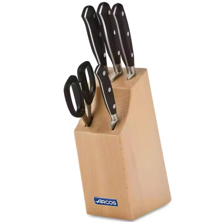 ARCOS Riviera - Taco de Cuchillos (4 Cuchillos + 1 Tijeras) - Hoja de Acero Inoxidable Forjado Nitrum® - Mango Negro de Polioximetileno (POM) - Taco de Madera - Caja Regalo - 1