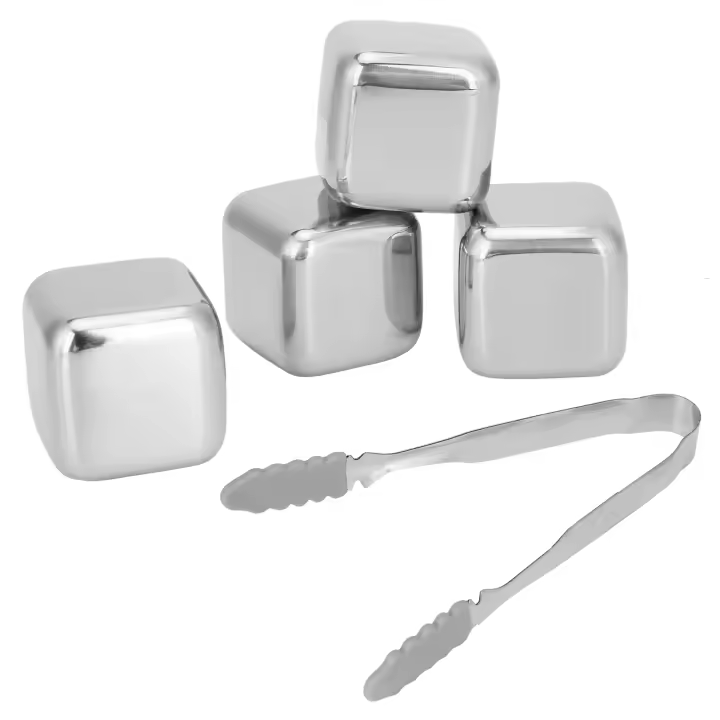 Cubitos de hielo reutilizables de acero inoxidable 304 para vino, whisky, bebidas, suministros para fiestas, 4 unidades con pinzas para hielo - 1