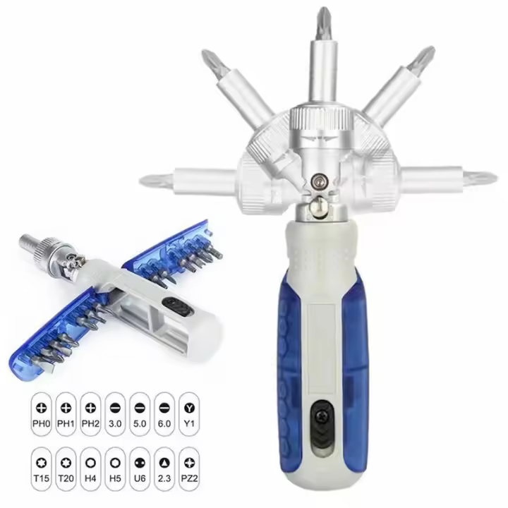 Juego de destornilladores, destornillador de trinquete magnético giratorio de 180°, juego 14 en 1 para trabajos de reparación, electrodomésticos - 1