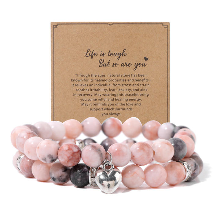 Nueva pulsera doble de ágata y cuarzo rosa cebra rosa con colgante de amor y cartón para pareja (2 piezas)