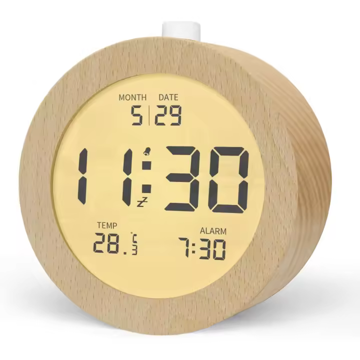 Reloj despertador digital, reloj despertador de madera con pantalla LCD, función de repetición, luz nocturna, redondo - 1