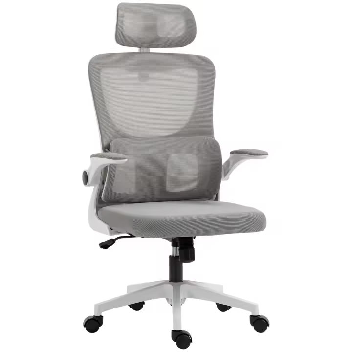 Vinsetto Silla de Oficina Ergonómica, Silla de Escritorio con Reposabrazos Ajustable, Almohada, Función Mecedora, Silla Giratoria de Altura Regulable, Silla para Computadora con Soporte Lumbar, Malla, Gris - 1