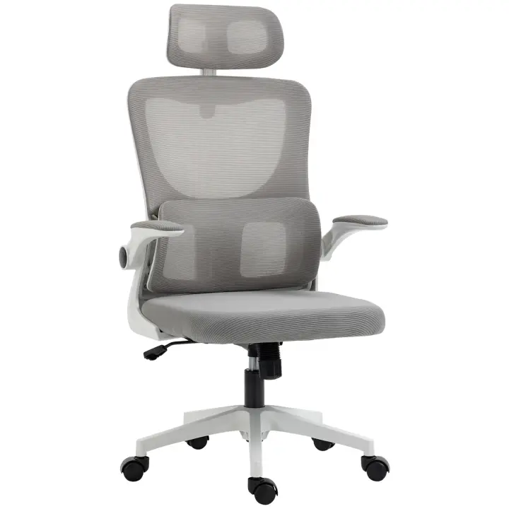 Vinsetto Silla de Oficina Ergonómica, Silla de Escritorio con Reposabrazos Ajustable, Almohada, Función Mecedora, Silla Giratoria de Altura Regulable, Silla para Computadora con Soporte Lumbar, Malla, Gris - 1