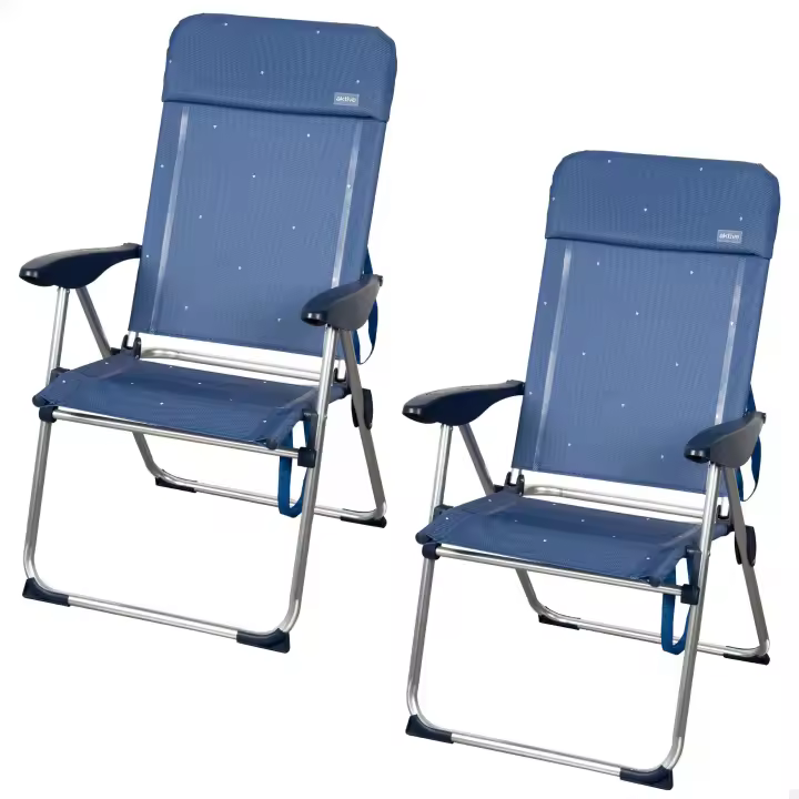 Aktive - Pack 2 sillas de playa plegables, aluminio y textileno, reclinables 4 posiciones, soporta 110 kg, color azul, asas de transporte, modelo La Palma - 1