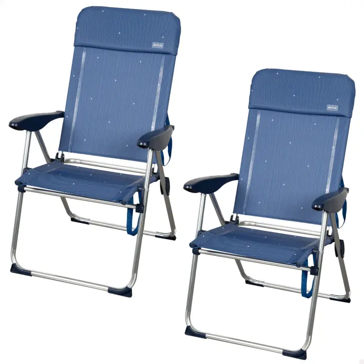 Aktive - Pack 2 sillas de playa plegables, aluminio y textileno, reclinables 4 posiciones, soporta 110 kg, color azul, asas de transporte, modelo La Palma - 1
