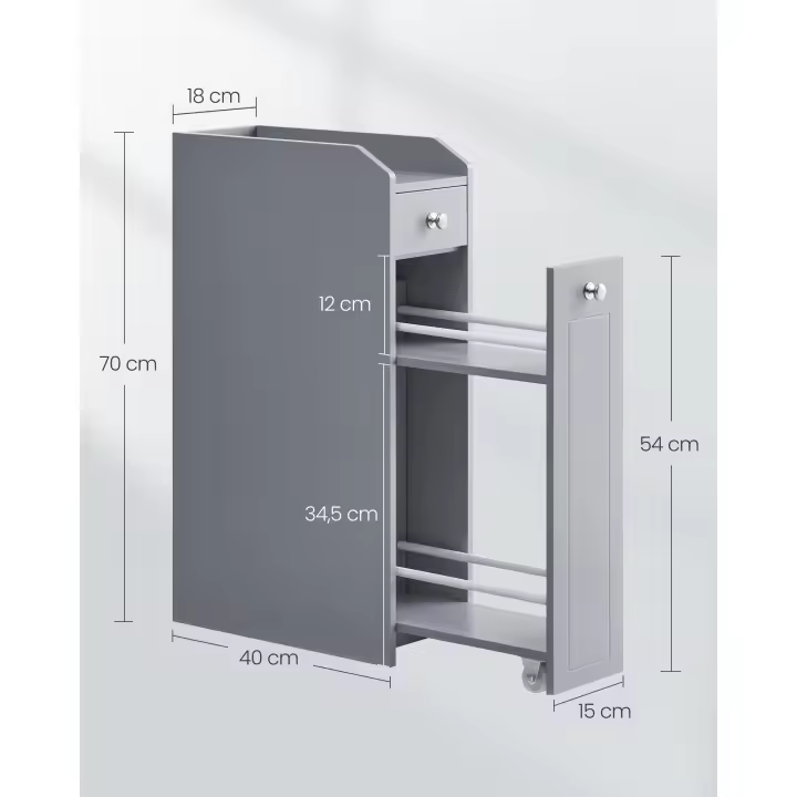 VASAGLE Armario de Baño, Armario Estrecho, Armario de Pie, Portarrollos de Papel Higiénico, con Cajones, para Espacios Pequeños, Gris Paloma/Blanco - 1