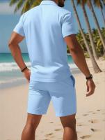 Men's summer casual set with a lightweight short-sleeved golf polo shirt and solid drawstring shorts with pockets - details 0
