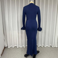 Vestido Largo De Otoño Para Mujer Elegante Con Mangas Largas Y Cuff De Flor Suelto Cuello Redondo Cintura Ajustada Slim Para Noche Y Fiesta Con Abertura - details 3