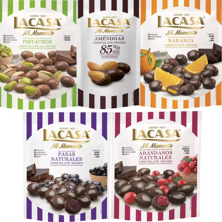 Lacasa Mi Momento pack de 5:Almendra 85% 65G,Arándano choco Negro 125G,Pasas choco Negro 150G,Naranja choco Negro 125G,Pistacho Leche 100G - 1