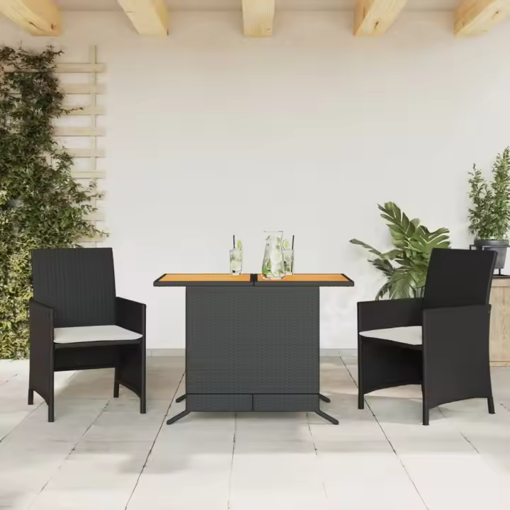 vidaXL Mesita y sillas con cojines 3 piezas ratán sintético negro en color Negro y crema/Beige/Gris | cómodas modernas ergonómicas para comedor cocina salón hogar - 1
