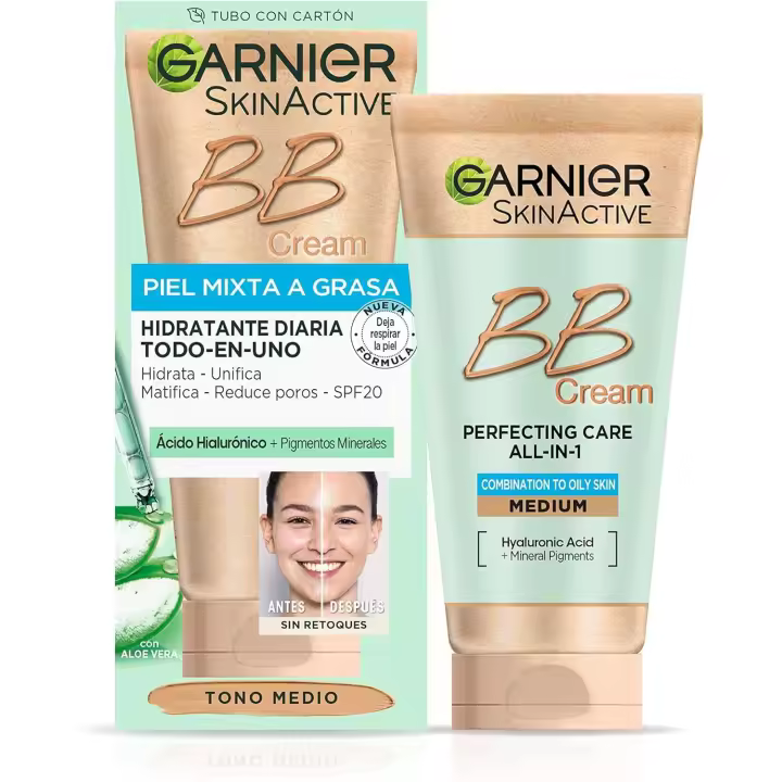 GARNIER Bb Cream Matificante Con Spf 25, Ácido Hialuróico, Extracto De Aloe Vera Y Pigmentos Minerales, Hidrata, Unifica, Corrige E Ilumina Piel 50 Ml- Tono Medio - 1