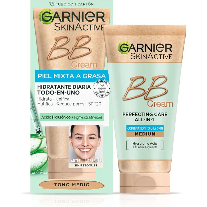 GARNIER Bb Cream Matificante Con Spf 25, Ácido Hialuróico, Extracto De Aloe Vera Y Pigmentos Minerales, Hidrata, Unifica, Corrige E Ilumina Piel 50 Ml- Tono Medio - 1