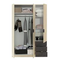 Meimon Armario ropero de 3 puertas con barra de colgar extraíble, 3 cajones inferiores y estantes regulables en altura. Estructura en melamina roble Canadian y tiradores negros. Dimensiones: 180x121x52 cm. Interior blanco. Carga máxima total: 50 kg - details 3