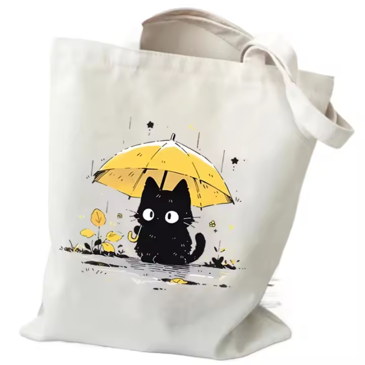 Bolso De Hombro Para Mujer Estilo Japonés Kawaii Con Gráfico De Gato Negro Bolso De Lona De Moda Con Dibujos De Gatitos Bolsa Suave De Polyester - 1