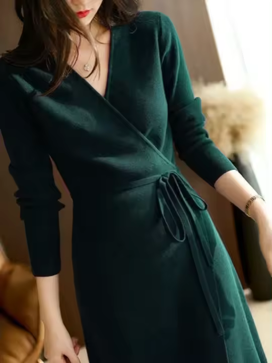 Vestido De Lana Otoño Invierno Para Mujer Suéter Con Cuello En V Abrazado Estilo Coreano Moda Largo Manga Cierre Elegante Ropa Femenina - 1