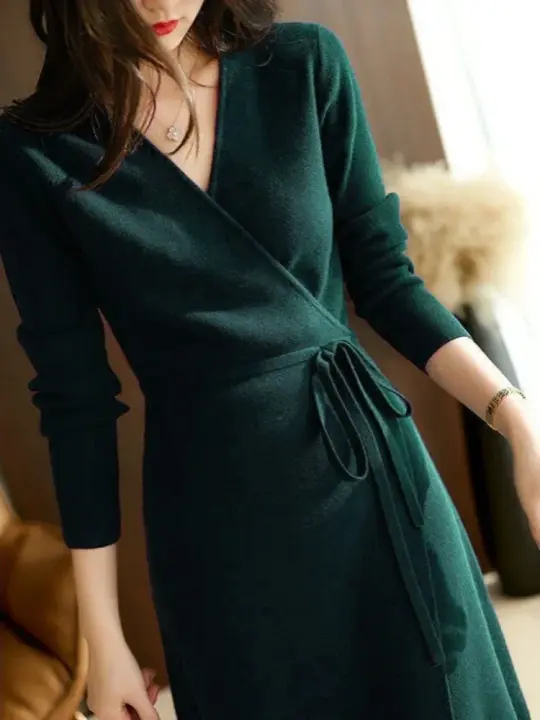 Vestido De Lana Otoño Invierno Para Mujer Suéter Con Cuello En V Abrazado Estilo Coreano Moda Largo Manga Cierre Elegante Ropa Femenina - 1