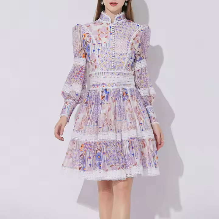 Vestido De Mujer Elegante Con Cuello Erguido Y Manga Larga Estampado A-LINE Vestido De Verano Para Mujer Q326 - 1
