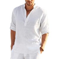Nueva camiseta de manga larga de lino para hombre, camisa informal holgada de Color sólido, camisa de lino de algodón de manga larga - details 12