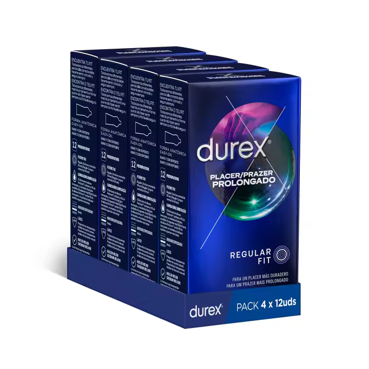 Durex - Condones Placer Prolongado, Pack de 48 Preservativos para Sexo Seguro. Perímetro Regular, Grosor Medio. 4 Cajitas - 1