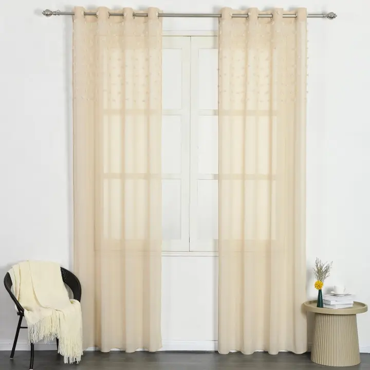 Shoppe house - Cortinas para Salón Dormitorio Translúcido de 140x260cm, Visillo para Ventana con diseño de Pompones Tejido de Gasa Fina 100% Poliéster, Cortina con Ojales - 1