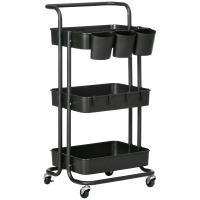 HOMCOM Carro Auxiliar con Ruedas Carrito de Almacenamiento de 3 Niveles con Asa 3 Cajas Colgantes y 4 Ganchos para Salón Comedor Cocina Baño 42x38x86,5 cm Blanco/Negro - details 0