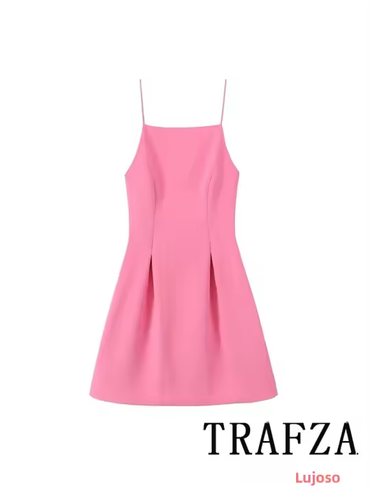 Vestido TRAFZA Para Mujer Estilo Romántico Y Chic Color Rosa Sólido Sin Mangas De Plisado Mini Vestido De Verano Para Vacaciones Y Fechas - 1