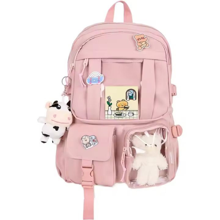 Mochila Kawaii with Oso de Plush Kawaii Pin Accesorios Lindo Estético Librero Mochilas Escolares para Niñas Adolescentes (Lindo, Rosa) - 1