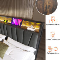 Cama tapizada Cama de metal Cama de matrimonio controlada por App LED con Carga Función de carga USB Cabecero e iluminación LED, Cama de metal 140x200 cm Somier de láminas de Madera, gris (con colchón) - details 2
