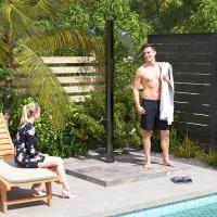 Outsunny Ducha de Jardín Solar 35 L Ducha Solar Exterior con 2 Cabezales Giratorios Grifos de Pies y Agua Caliente Máximo 55 °C para Piscina Camping Patio 73x18x217 cm Negro - details 1