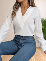 Blusa Elegante De Negocios Para Mujer Con Cuello En V Y Mangas Largas Vestido Trabajo Tops Casual De Poliéster Transpirable Para Otoño/Winter - details 32