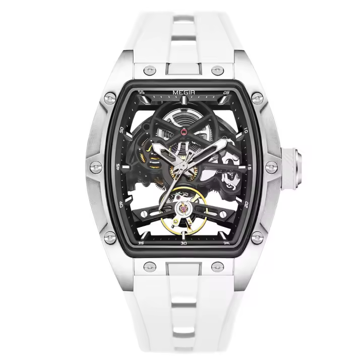 Reloj Mecánico Para Hombre MEGIR Con Carcasa De Acero Inoxidable Y Correa De Silicona Dial Skeleton Resistente Al Agua Deportivo - 1